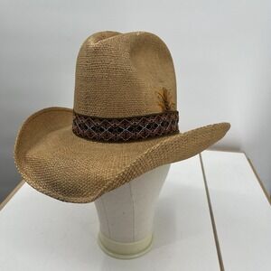 Vintage Bobs Western Wear Texas Larry Mahan Straw Cowboy Hat Feather 21"‎